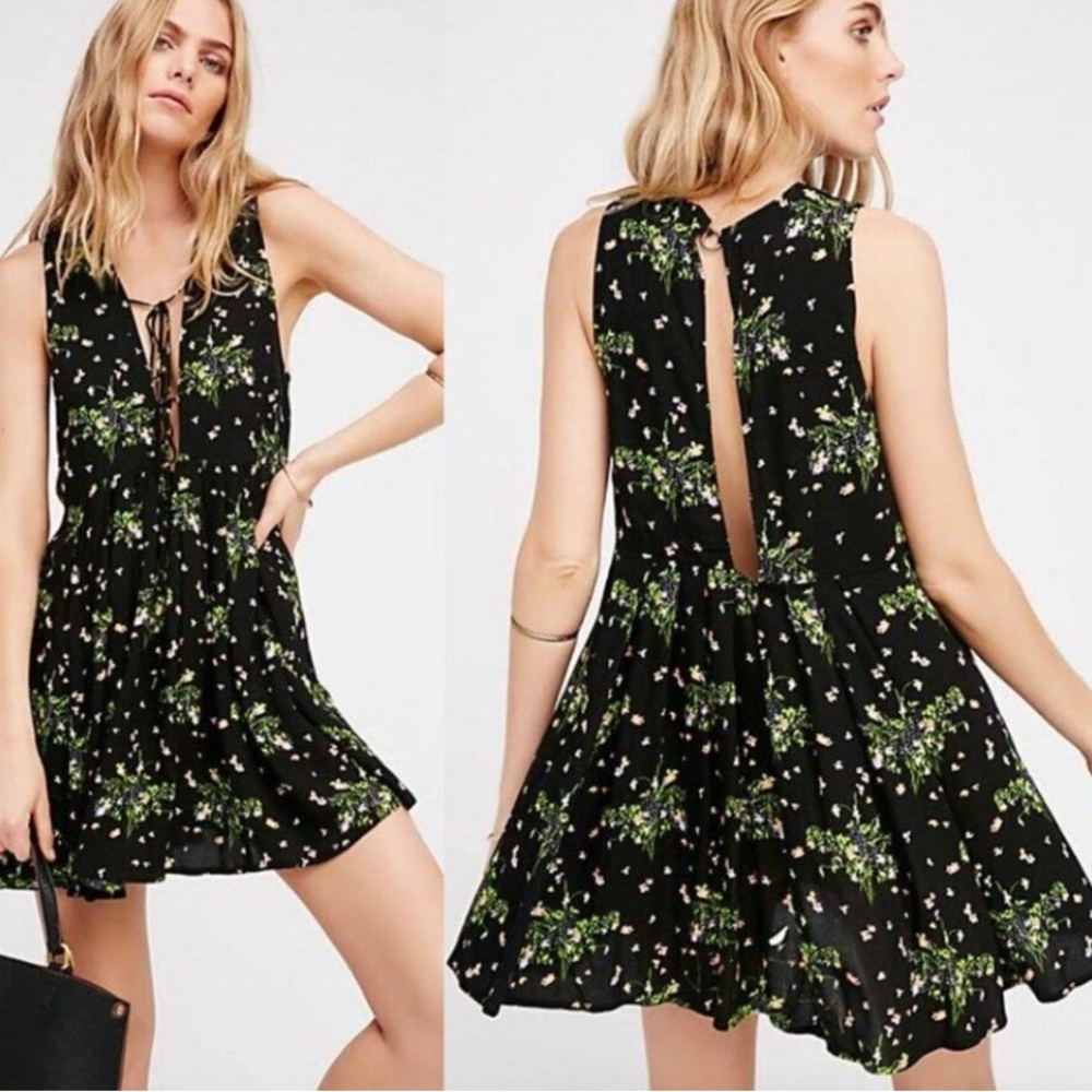 Free People Lovely Day Black Green Pink Floral XS Tunic Dress